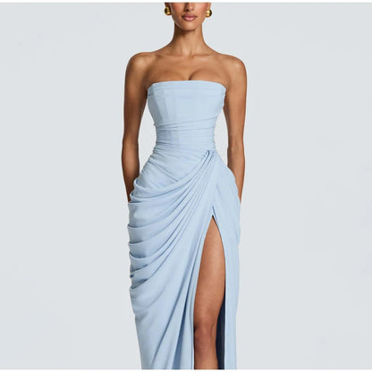 Lady Sexy Strapless Split Solid Pleated Dress Women Chic Backless High Waist Off-shoulder Dresses 2026 New Evening Party Gowns