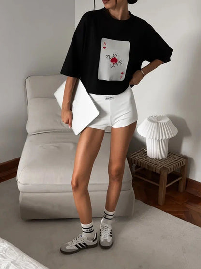 Bornladies 100% Cotton Poker Card Printed T-Shirt Women's Fashionable O-Neck Loose Short Sleeved Female Summer New Casual Top