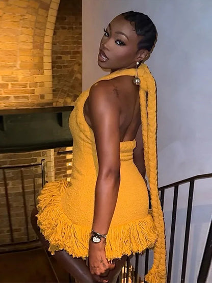 Tassels Hem Twist Strap Knitted Dress Women Sleeveless Backless Slim High Waist Dresses Female Holiday Evening Bodycon Robe
