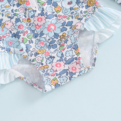 MISOWMNJOY Ruffle Floral Print Baby Girls Beachwear Summer Rash Guard Swimsuit Long Sleeve Bathing Suit Infant Swimwear with Hat