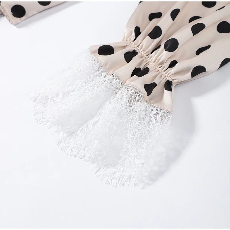 Satin Polka Dots V Neck Maxi Dress Suit Women Elegant Ribbon Full Sleeve Blouse Waist Cinching Long Skirt 2026 Lady Party Outfit