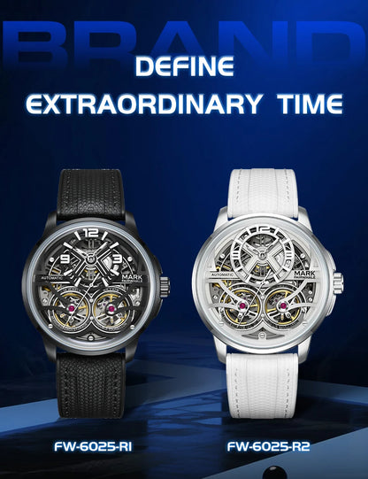 Mark Fairwhale Fashion Watches Mens Silicone Strap Waterproof Automatic Skeleton Mechanical Watch