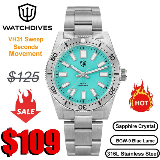 Watchdives WD1965 V2 Coral Blue Dail Watch VH31 Sweep Second Quartz Movement Luminous Sapphire Waterproof  Vintage 62mas Watches