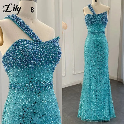 Lily Blue Gorgeous Rhinestones Prom Dresses One Shoulder Sleeveless Evening Dress Pearls Sequins Mermaid Party Gowns Customized