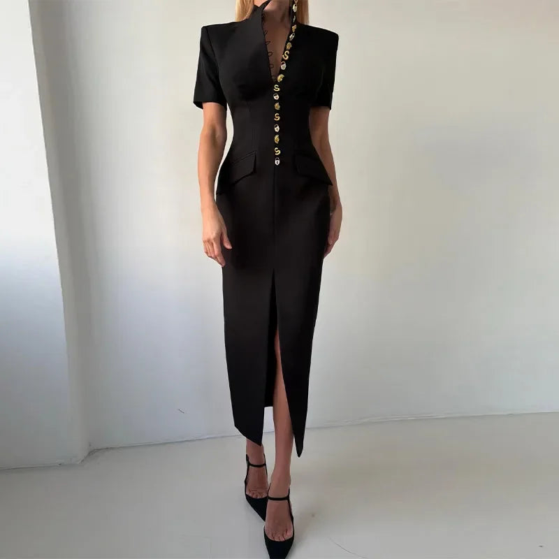 Chic Single Breasted Women's Dress Short Sleeve Slim Female Long Dresses 2026 Spring Summer Elegant Party Front Split Lady Robe