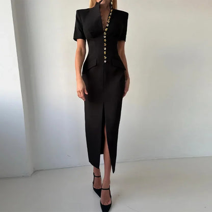 Chic Single Breasted Women's Dress Short Sleeve Slim Female Long Dresses 2026 Spring Summer Elegant Party Front Split Lady Robe