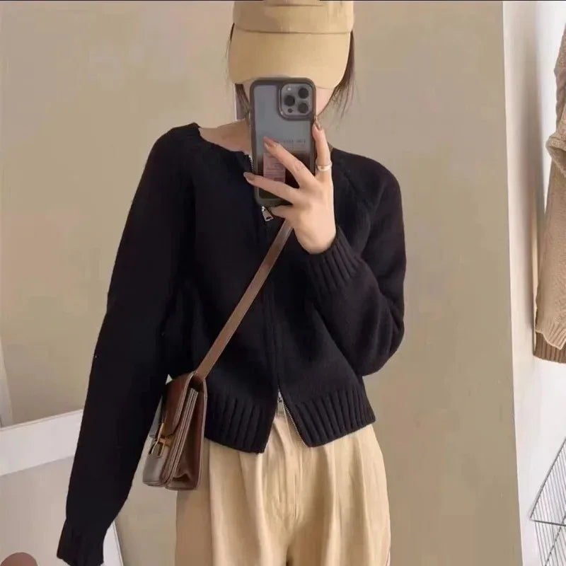 Korean Women Knitted Sweater Autumn Winter Chic Loose Long Sleeve Cardigan Tops Simple Solid Color Sweater Jacket