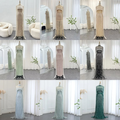 Sharon Said Luxury Pearls Dubai Champagne Evening Dresses with Cape New Arabic Women Mermaid Wedding Party Prom Dress SS369