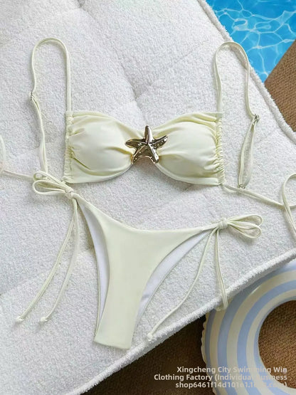 Sexy Solid Color Bikini Set Two Piece Swimsuit Pure Color Quick Dry Backless High Elasticity Nylon Fabric for Swimming And Wa...