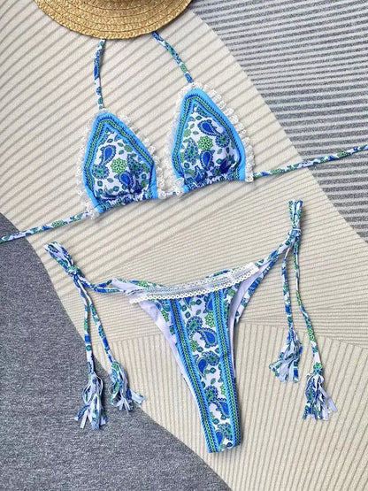 Triangle Print Bikinis Halter Swimwear Women'S Three Piece Swimsuit With Ties Sexy Bathing Suit Mesh Long Trousers Black Biquini