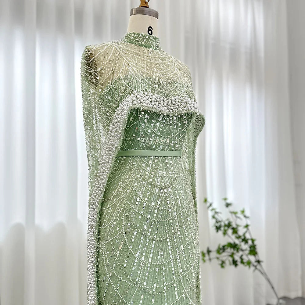 Sharon Said Luxury Pearls Dubai Champagne Evening Dresses with Cape New Arabic Women Mermaid Wedding Party Prom Dress SS369