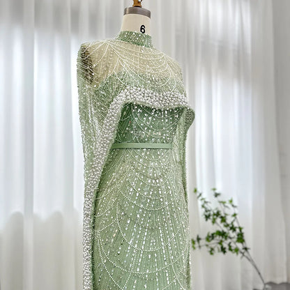 Sharon Said Luxury Pearls Dubai Champagne Evening Dresses with Cape New Arabic Women Mermaid Wedding Party Prom Dress SS369
