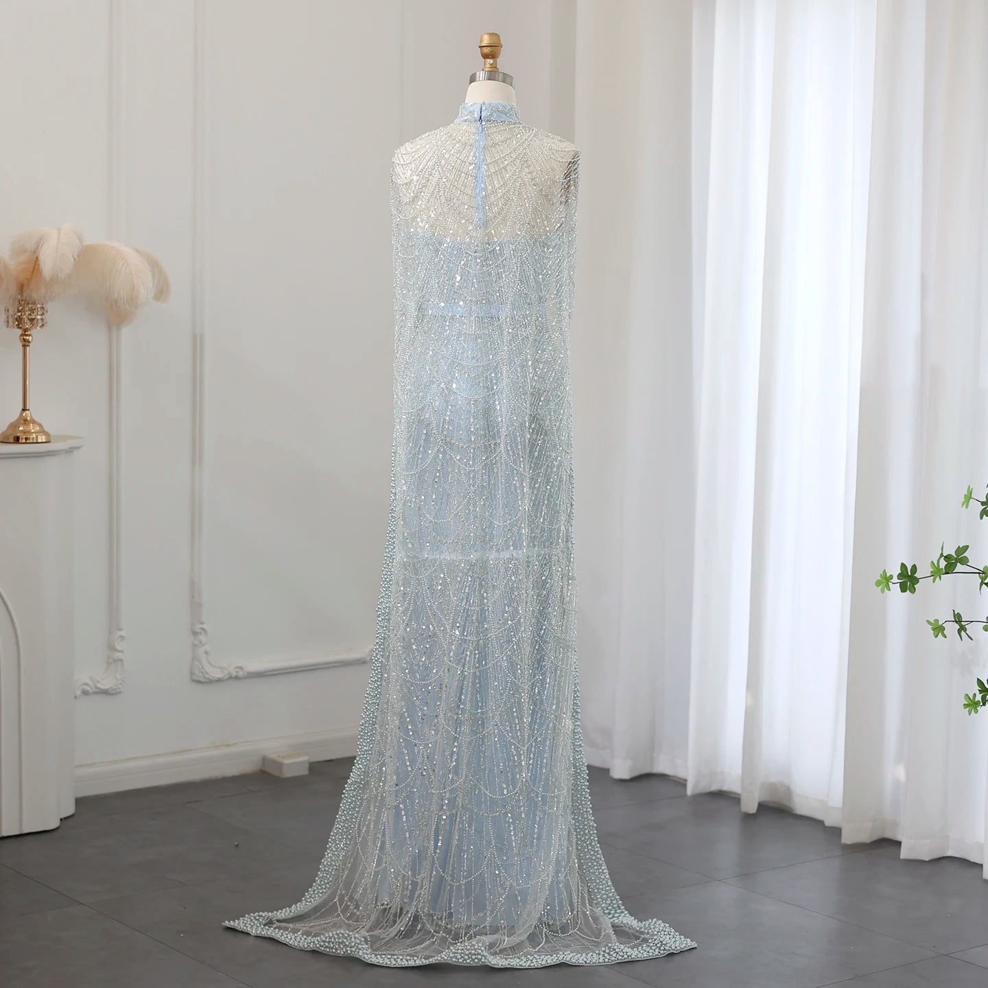 Sharon Said Luxury Pearls Dubai Champagne Evening Dresses with Cape New Arabic Women Mermaid Wedding Party Prom Dress SS369
