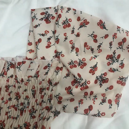 2025 Spring Summer New Dress Women Mini Dresses Female Short Sleeve Elastic Bust Printed Floral Pleated Backless Casual Dress