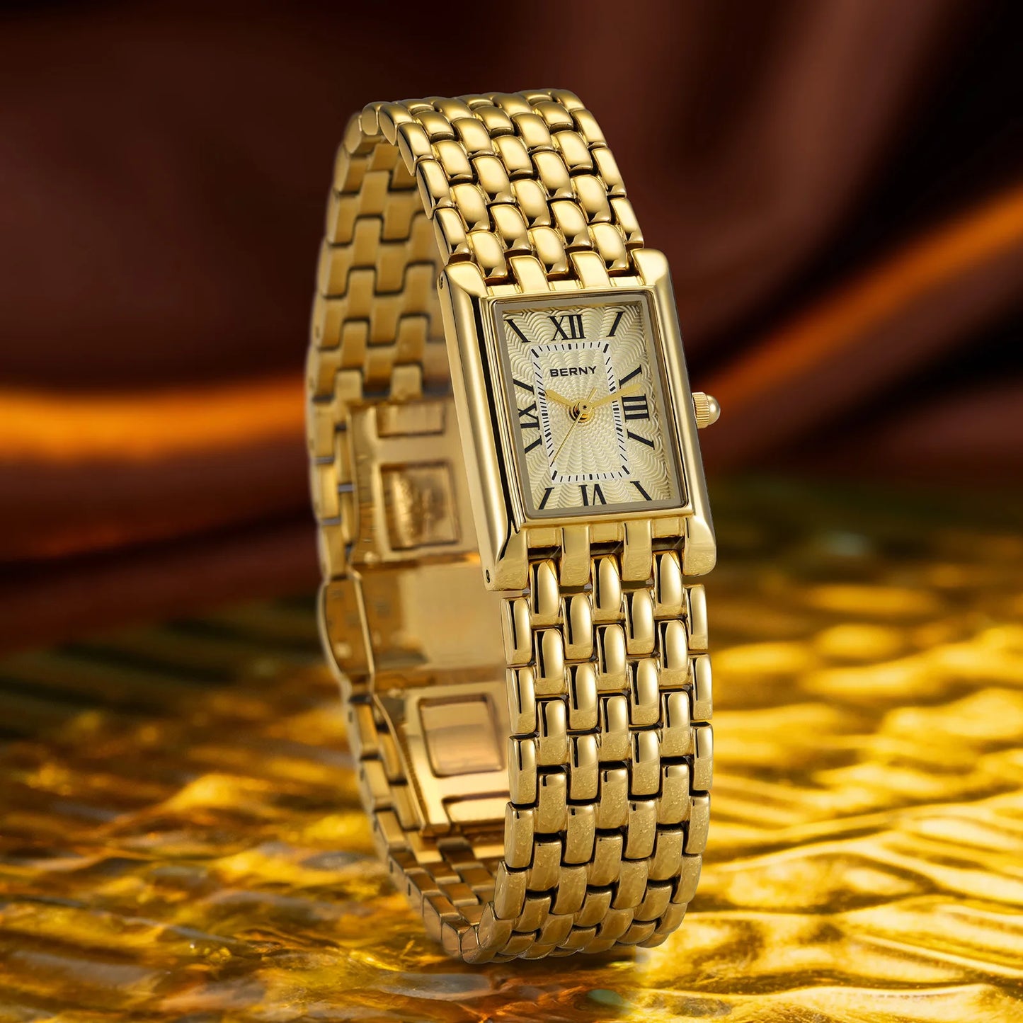 BERNY Luxury Women's Watches Fashion Ladies Square Casual Golden Quartz Watch Solid Stainless Steel Rectangle Girls Wristwatch