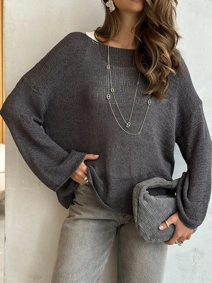 Bornladies Simple Solid Color Long Sleeved Sweater Women's Spring Knitted Hollow Top Loose Versatile Casual Sweater Pullovers
