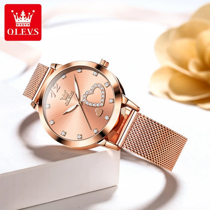 OLEVS 5189 Quartz Watch for Women Diamond Love Heart Design Fashion Elegant Rose Gold Mesh Steel Strap Waterproof Ladies Watches
