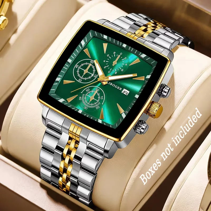 Luxury Stainless Steel Man Calendar Business Watches Fashion Square Dial Men Quartz Wristwatch Reloj Hombre (Without Box)