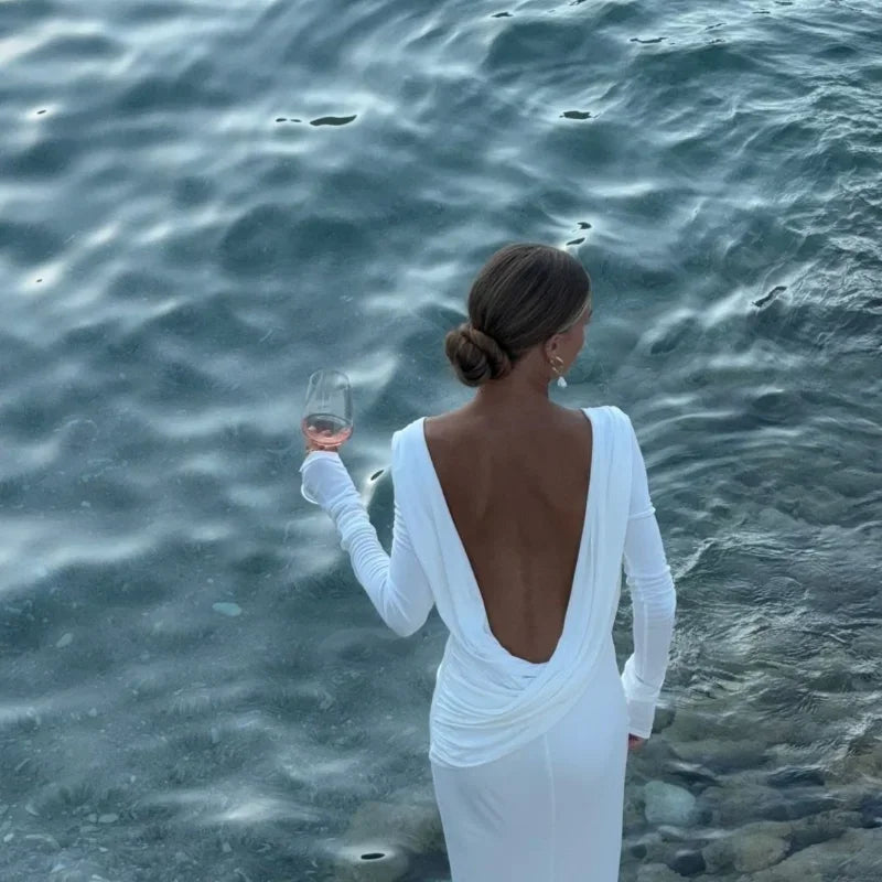 Chic Backless White Long Sleeved Slim Fit Dress for Women Pleated Elegant Round Neck Long Dresses 2024 New Female Evening Gowns