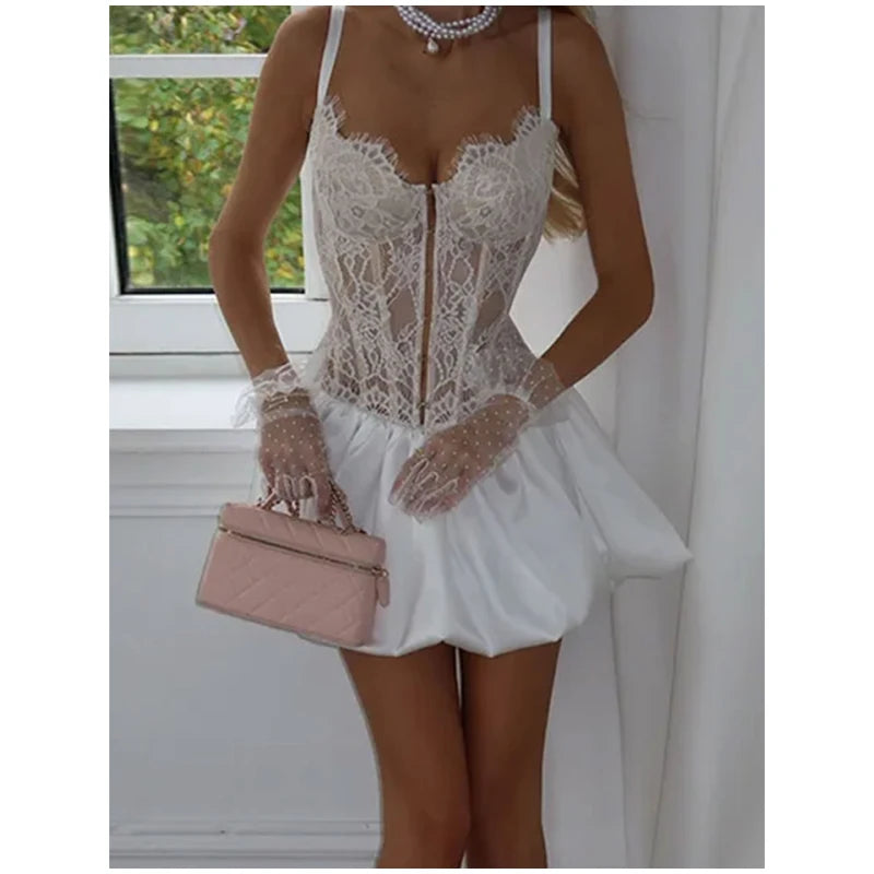 Lace Patchwork Corset Sling Dress Women Sexy Sleeveless Off-shoulder High Waist Slim Mini Dresses 2026 Lady Evening Party Gowns