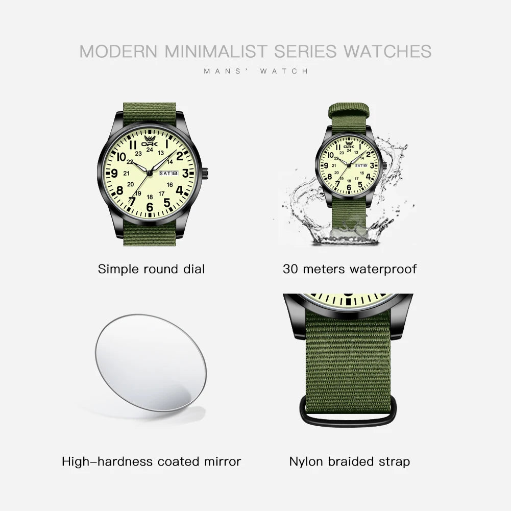 OPK 6090 Quartz Watches for Man Fashion Casual Nylon Webbing Watchband Dual Calendar Waterproof Luminous Men's Sports Watches
