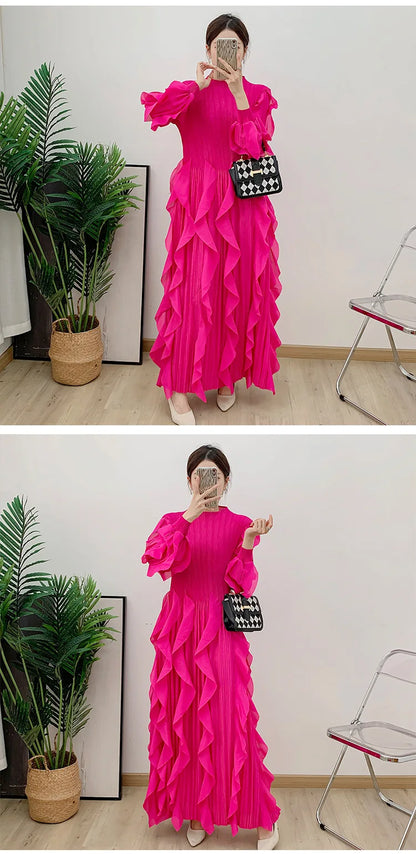 Fashion Ruffles Pleated Dress Women Round Neck Flare Sleeves Solid Maxi Belt Dresses Party 2025 Autumn New