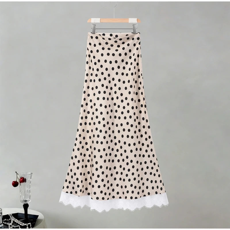Satin Polka Dots V Neck Maxi Dress Suit Women Elegant Ribbon Full Sleeve Blouse Waist Cinching Long Skirt 2026 Lady Party Outfit