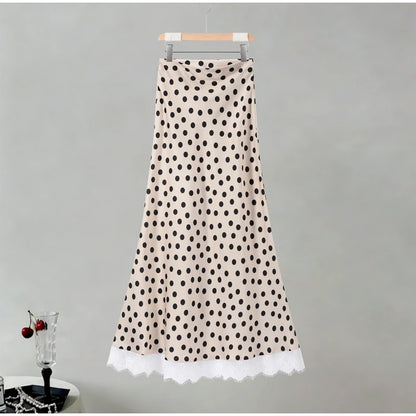 Satin Polka Dots V Neck Maxi Dress Suit Women Elegant Ribbon Full Sleeve Blouse Waist Cinching Long Skirt 2026 Lady Party Outfit