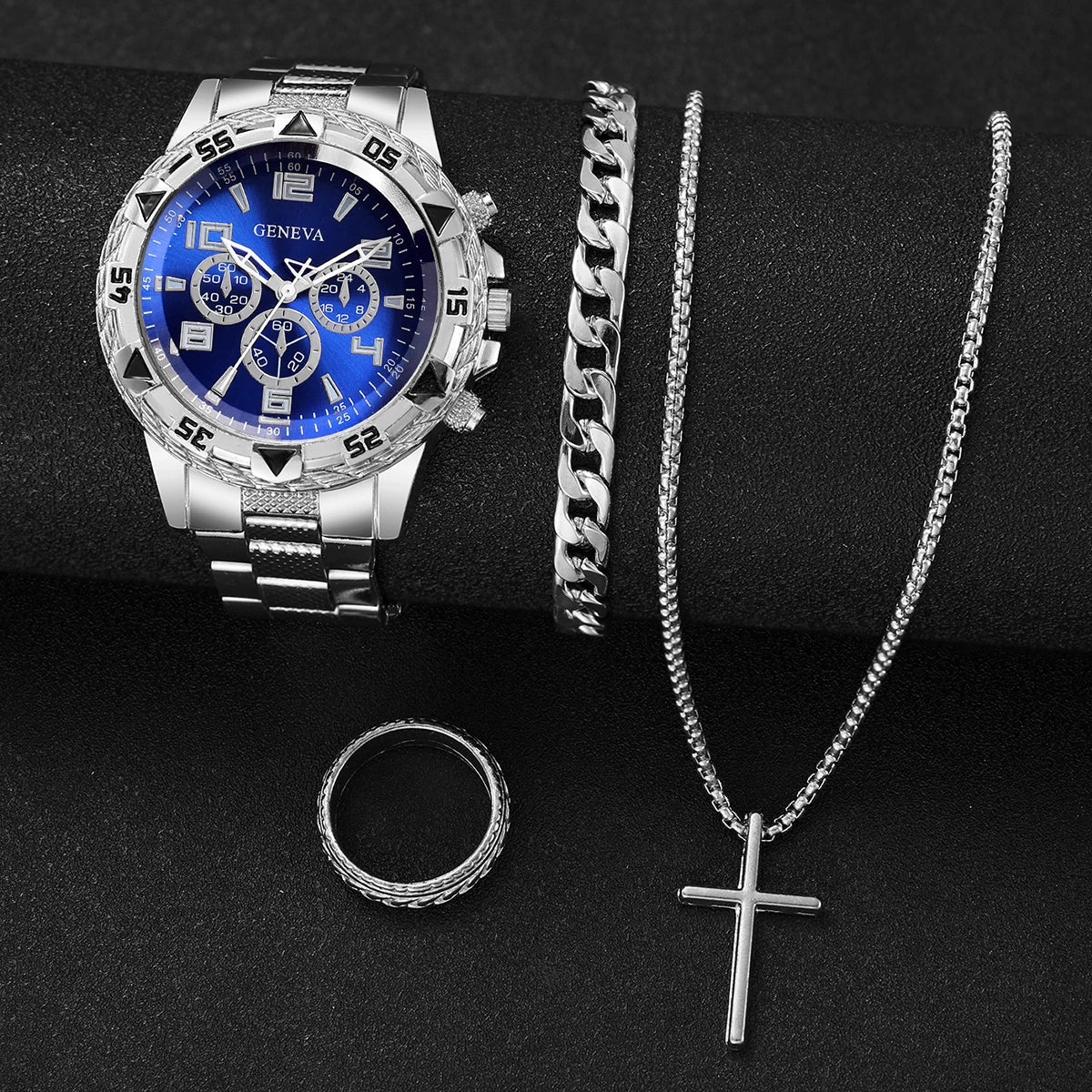 4PCS/Set Fashion Men Business Watches Luxury Big Dial Quartz Watch for Men Clock Jewelry Set Reloj Hombre（Without Box）
