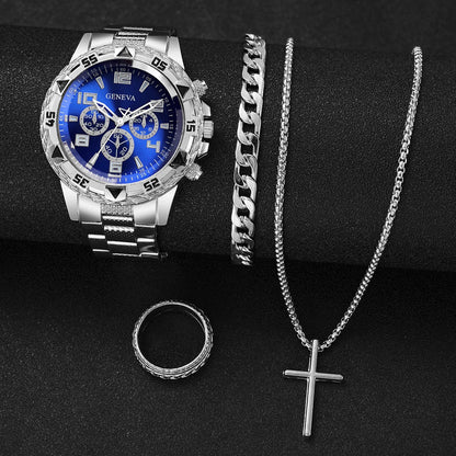 4PCS/Set Fashion Men Business Watches Luxury Big Dial Quartz Watch for Men Clock Jewelry Set Reloj Hombre（Without Box）