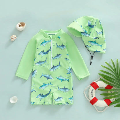 Citgeett Summer Toddler Boys Boys Rash Guard Swimsuit Print Zipper Long Sleeve Bathing Suit Swim Cap Romper Clothes