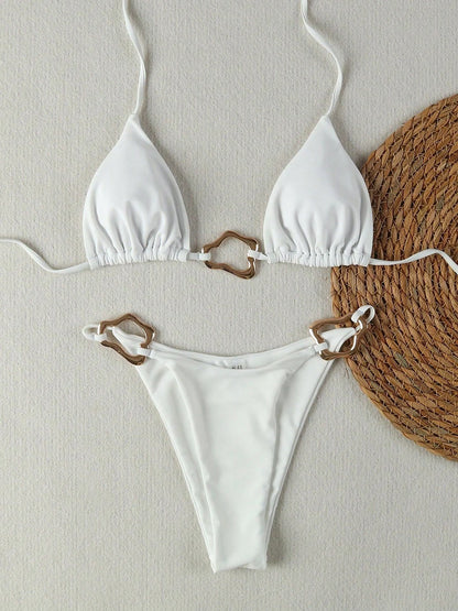 Sexy Solid Color Halter Lace-up Low Waist Bikini Set Women's Two Pieces Triangle Thong Swimsuit Bathing Suit Brazilian Biquinis