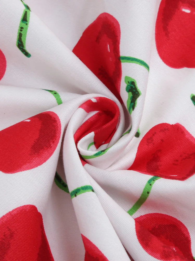 Tonval Sweetheart Neck High Waist Cherry Vintage 50s Midi Dress Short Sleeve Backless Women Tie Back Cotton Rockabilly Dresses
