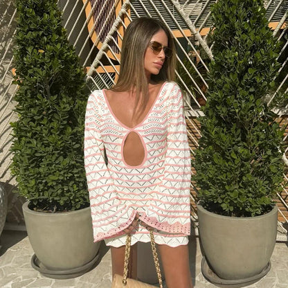 Sexy Boho Striped Chic V-neck Cut Out Bell Sleeve Knit Beach Mini Dress 2026 Summer Women Seaside Holiday Swimsuit Cover Up K123