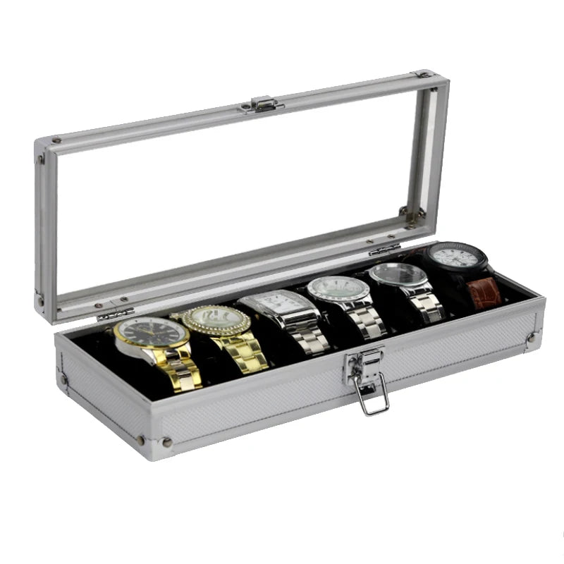 VANSIHO  Aluminum Watches 6/10/12 Grids Suitcase With Glass Window Watch Storage Aluminum Case  Watch Box Organizer For Men