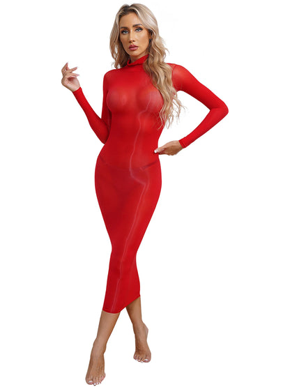 Womens See Though Bodycon Dress Sexy Lingerie Nightwear Long Sleeve Stretchy Glossy Dresses Tempting Party Pole Dancing Clubwear