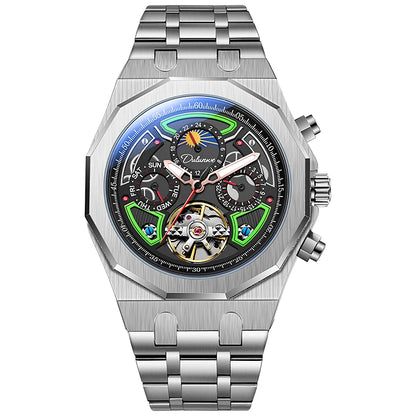Luxury Tourbillon Watches Men Fashion Sport Rubber Strap Moon Phase Date Waterproof Automatic Mechanical Wrist Watch Man Reloj