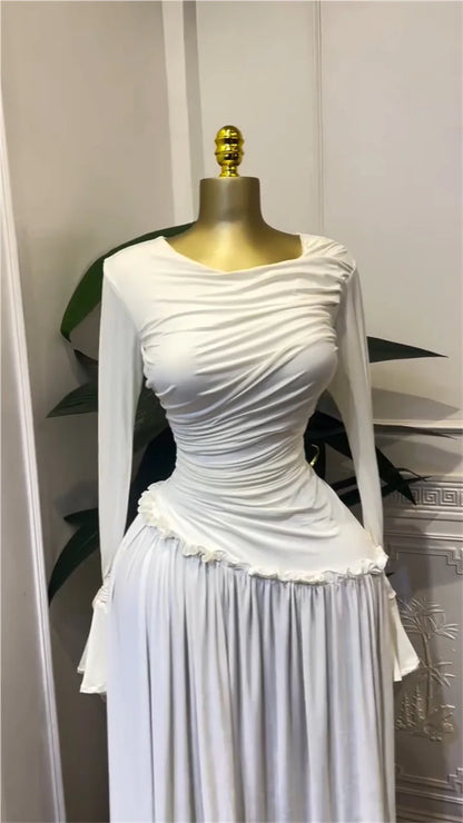 CM.YAYA Women Full Sleeve O-neck Elegant Long Dress Edible Tree Fungus Sweet Holiday Beach Evening Sexy Party Dresses Vestidos