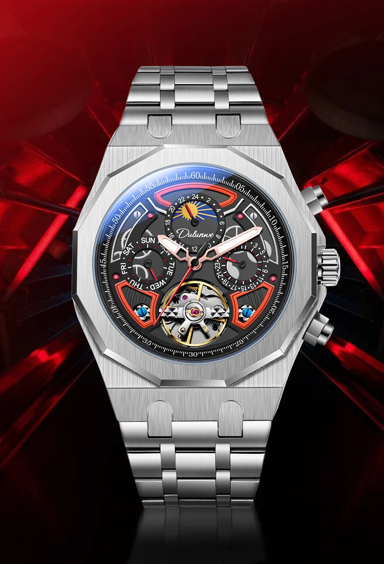 Luxury Tourbillon Watches Men Fashion Sport Rubber Strap Moon Phase Date Waterproof Automatic Mechanical Wrist Watch Man Reloj