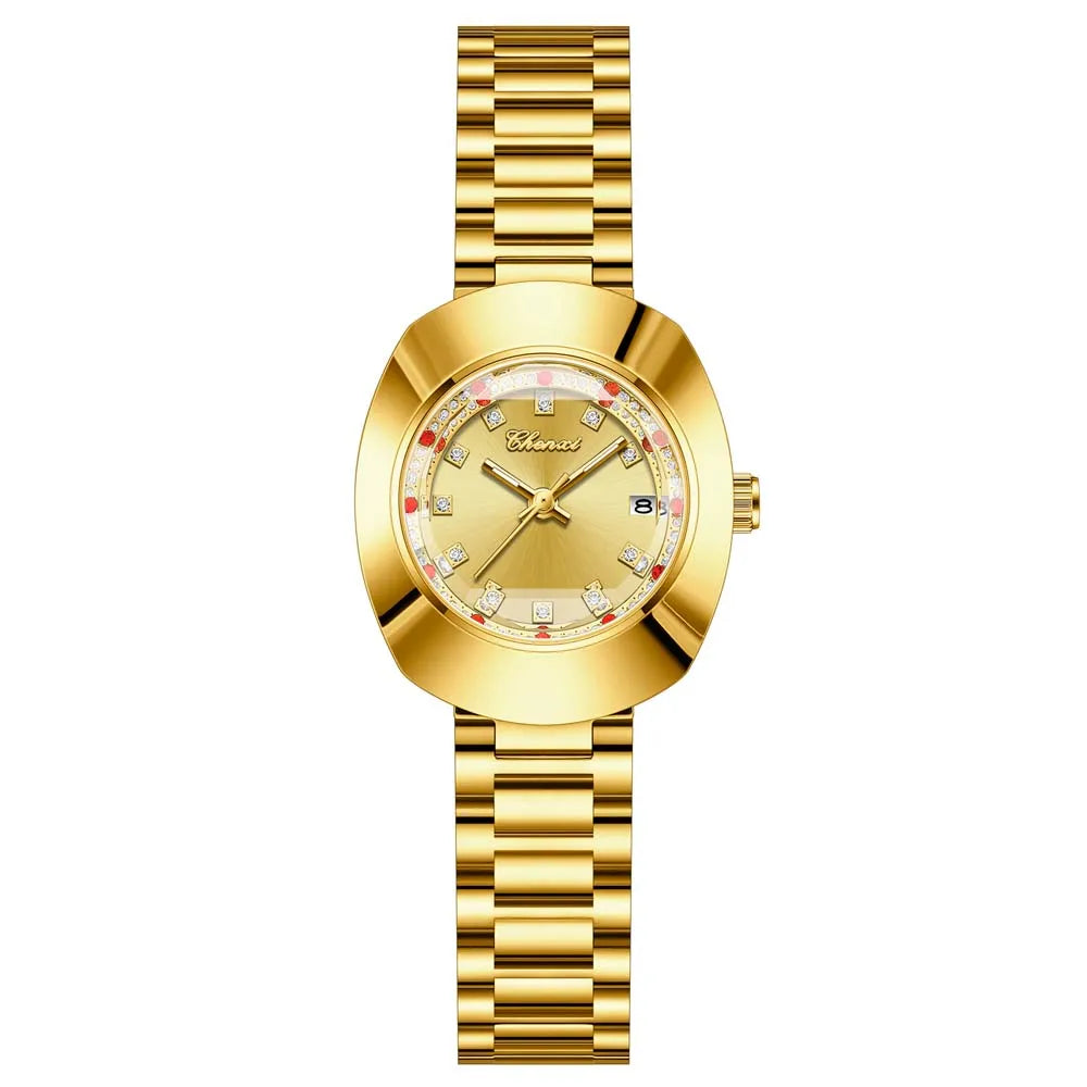 CHENXI Couple's Matching Quartz Watches Gold-Tone High-Fashion Diamond-Studded Waterproof Steel Bracelet Timepieces