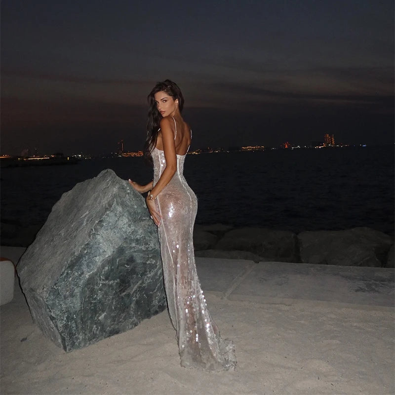 Sequins Lace Splicing Dress Women's Sexy V-veck Shiny Sleeveless Backless Sling Dresses 2026 Spring Summer New Ladies Beach Robe