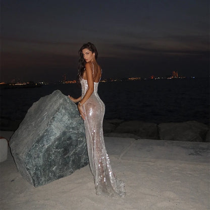 Sequins Lace Splicing Dress Women's Sexy V-veck Shiny Sleeveless Backless Sling Dresses 2026 Spring Summer New Ladies Beach Robe