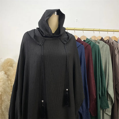 Hot Seller Ramadan Islamic Clothing Wrinkle Polyester Hoodie Abaya Dress With Undercap Muslim Women Abaya Hoodie Causal Dresses