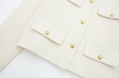 Women's Golden Button Jacket Coat, O Neck, Long Sleeve, Female Outerwear, Chic Tops, Fashion