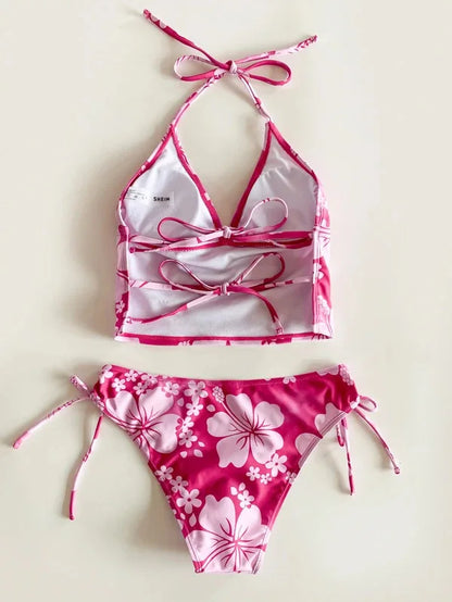 Sexy Yellow Floral Print Bikinis Set Women Halter Push Up Crop Top Swimsuit 2025 Beach Bathing Suit Lace Up High Waist Swimwear