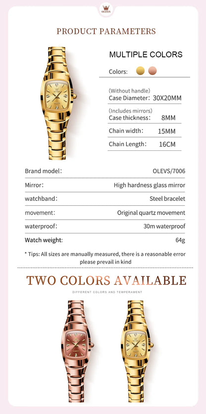 OLEVS 7006 Women's Watches Fashion Tonneau Dial Luxury Tungsten Steel Waterproof Wristwatch for Women Elegant Retro Ladies Watch
