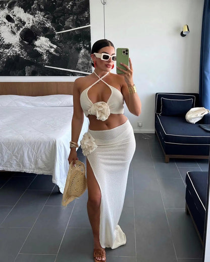2025 3pack Bikini with Beach Skirt Swimwear Women 3D Flower Swimsuit Halter Bathing Suit Beachwear Bikini Set Biquini