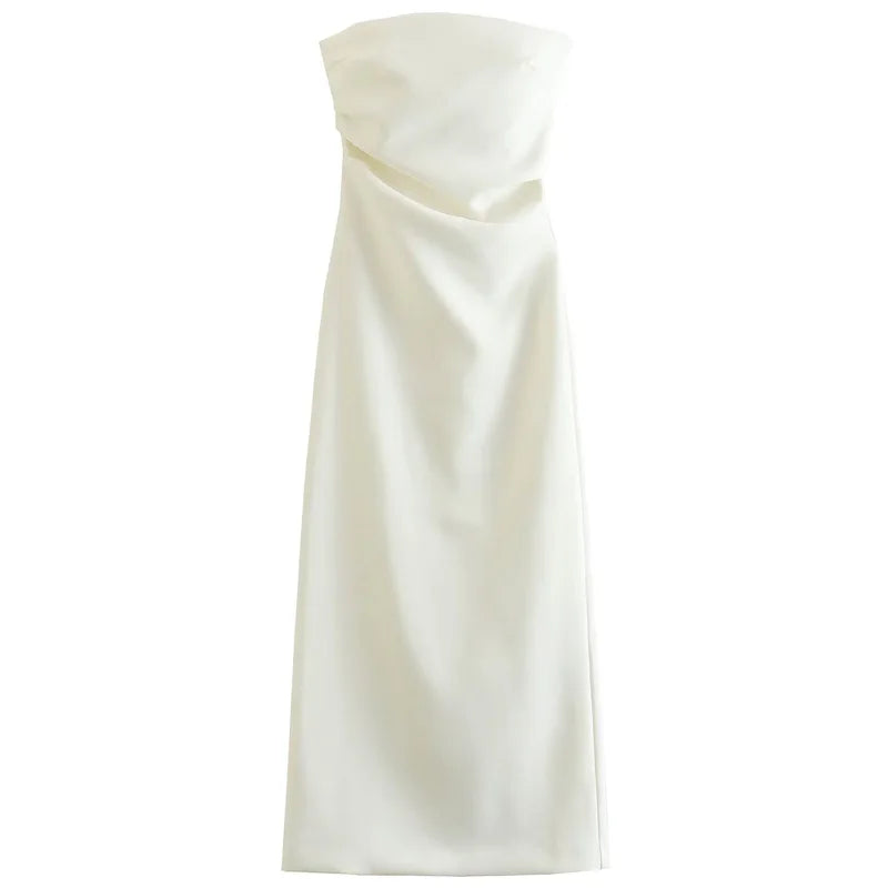 HXAO 2025 Womens Strapless Dresses Summer Off White Black White Dress Midi Ruffled Off Shoulder Backless Dress Prom Vestidos 066