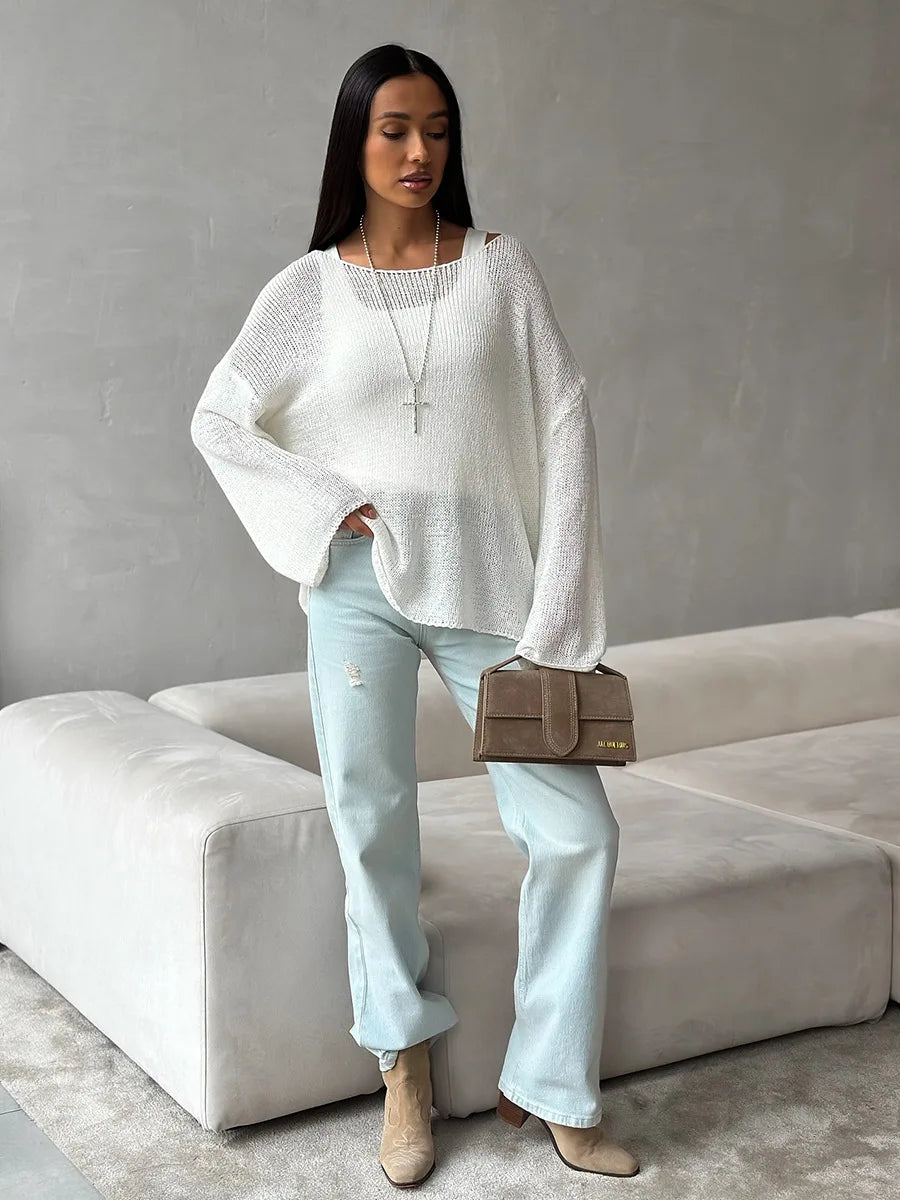 Bornladies Simple Solid Color Long Sleeved Sweater Women's Spring Knitted Hollow Top Loose Versatile Casual Sweater Pullovers