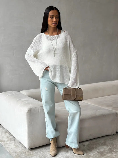 Bornladies Simple Solid Color Long Sleeved Sweater Women's Spring Knitted Hollow Top Loose Versatile Casual Sweater Pullovers